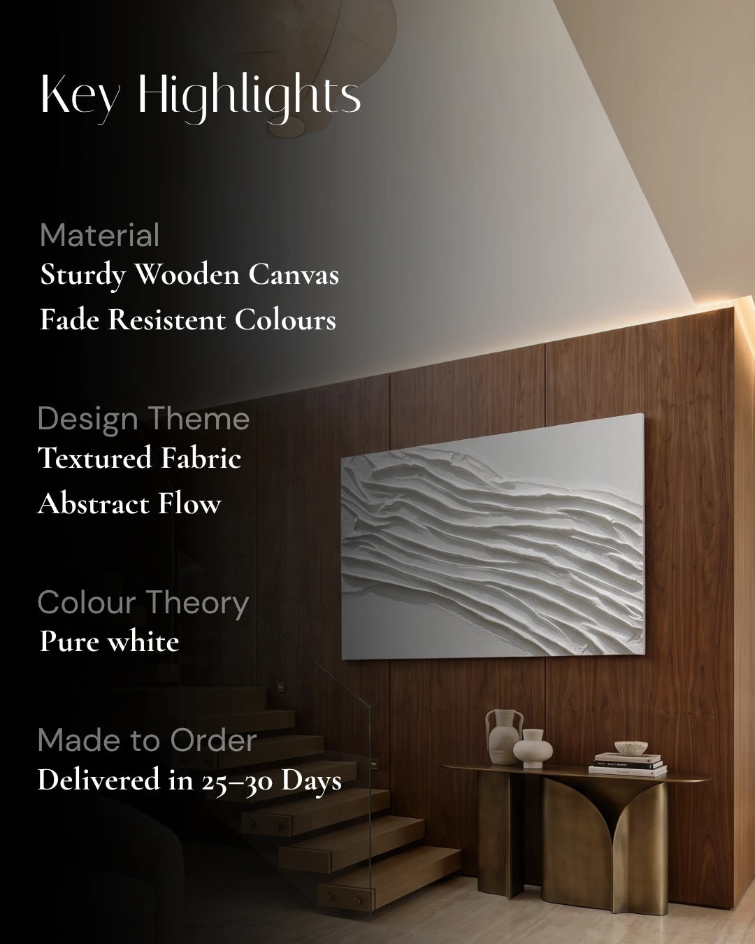 Folded White textured painting hanging above a console table in a dark moody interior