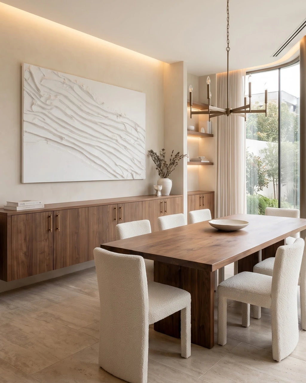 Folded White textured wall art hanging in a dining room above a console