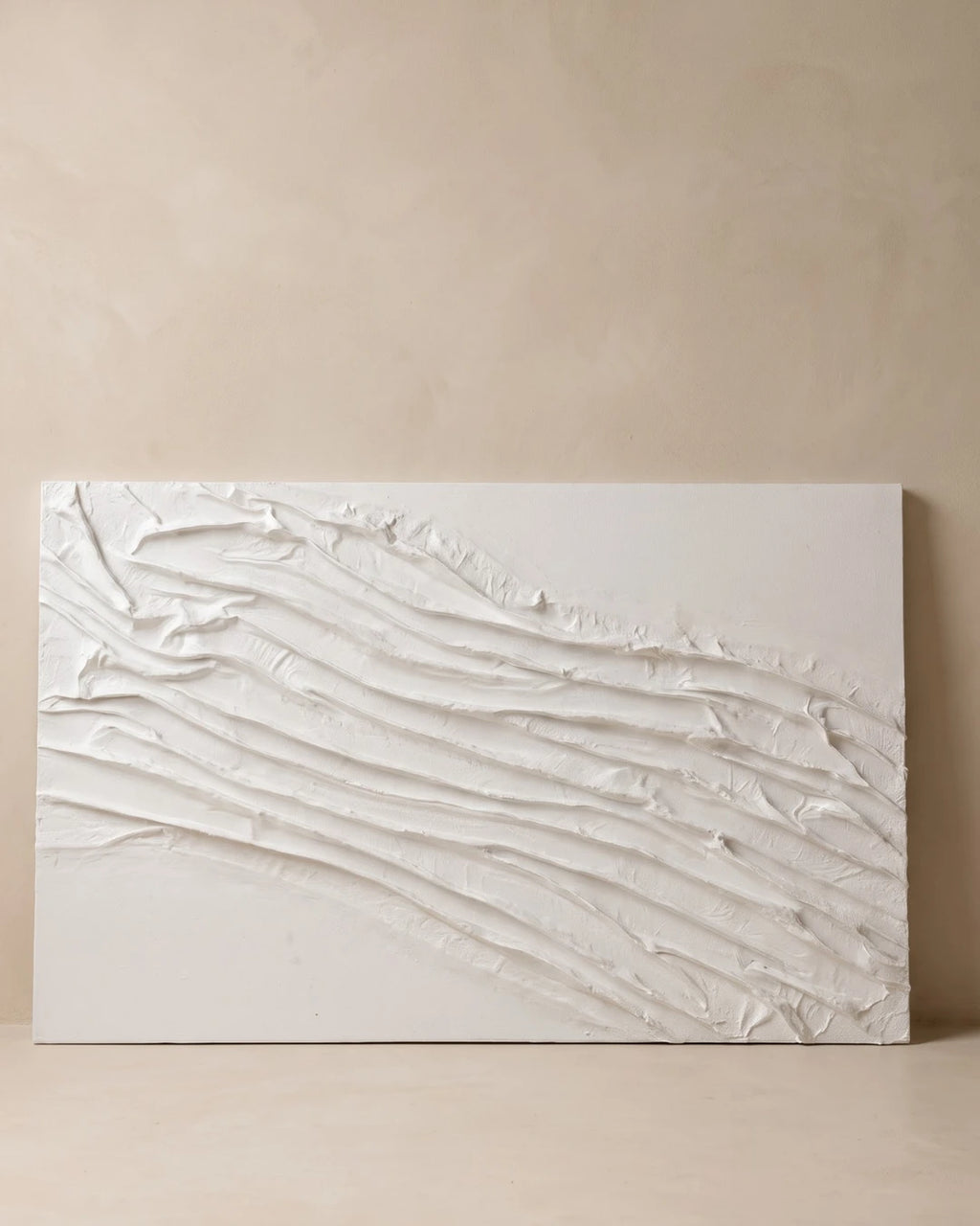Pure white sculptural textured wall art on plain background, hand-carved raised folds, handmade canvas painting