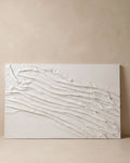 Pure white sculptural textured wall art on plain background, hand-carved raised folds, handmade canvas painting