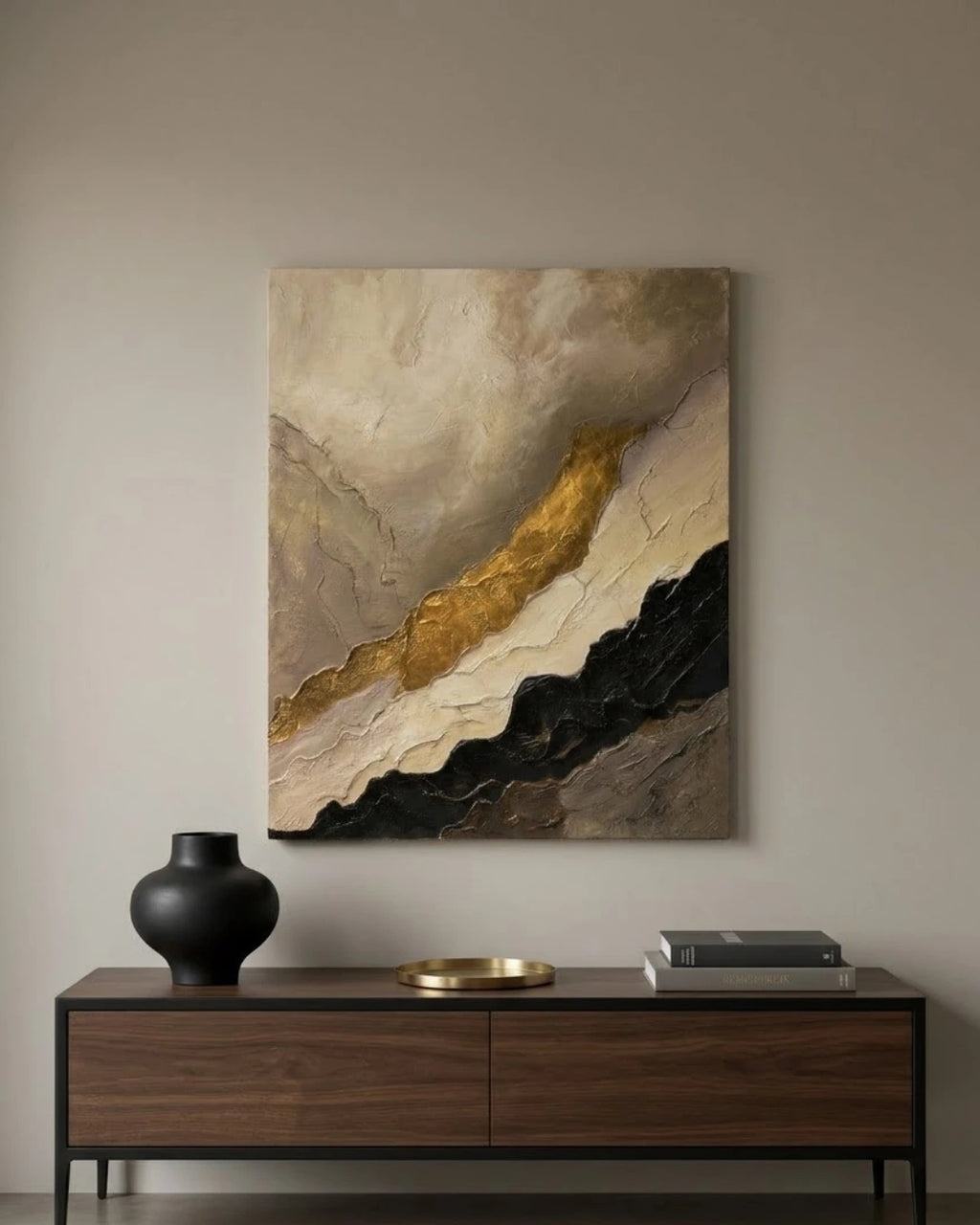Gold Vein textured painting hanging above a console table in a dark moody interior