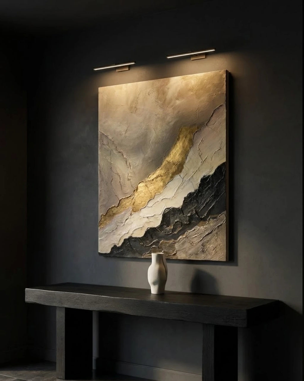Gold Vein beige and gold textured painting hanging above a console with books and vase
