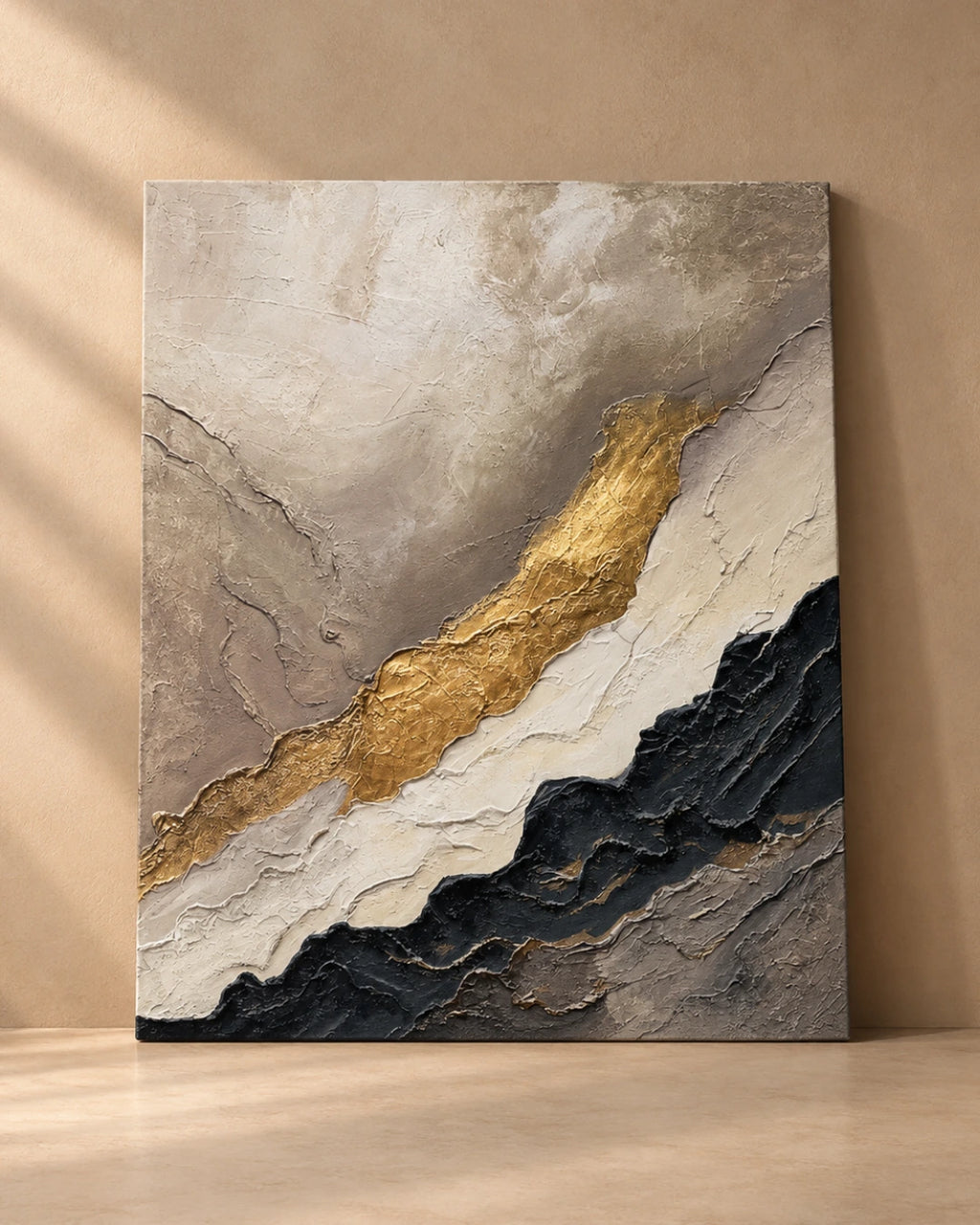 Beige and black textured wall art with a diagonal gold vein on plain background, handmade canvas painting