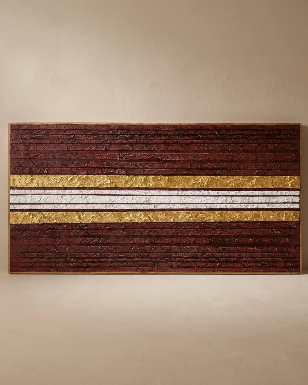 Burgundy grooved textured wall art 4x2 feet with gold and silver leaf band through the centre, handmade canvas painting