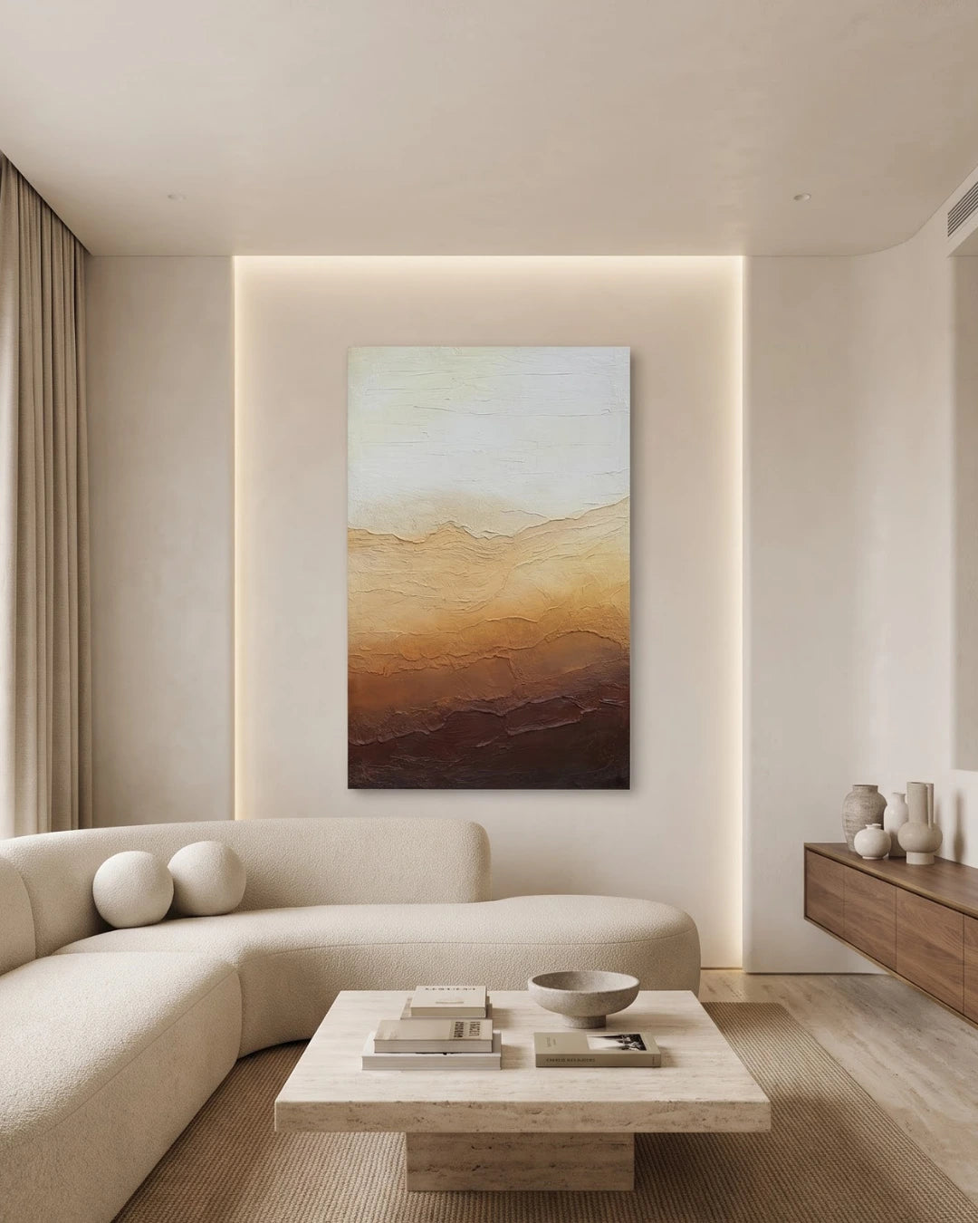 Horizon earth-tone textured painting hanging above a sofa in a modern living room