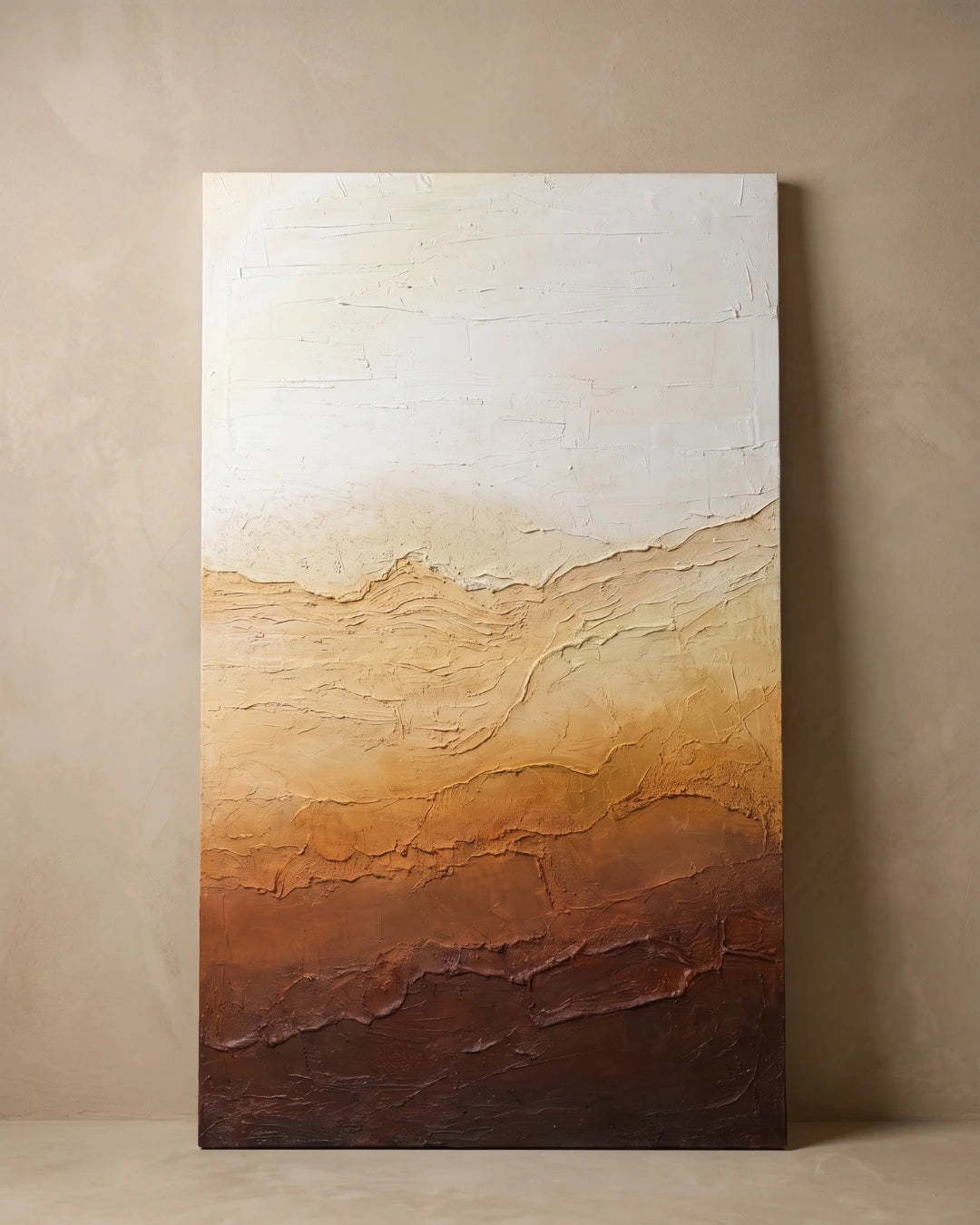 Large earth-tone gradient textured wall art 5x3 feet on plain background, handmade canvas painting