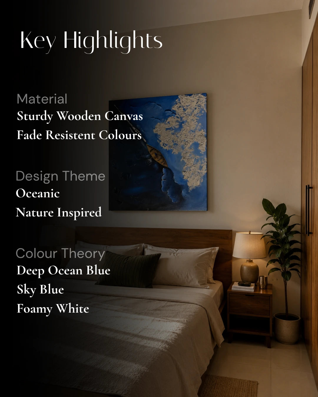 Kayak Portrait blue ocean textured painting hanging above a bed in a modern Indian bedroom