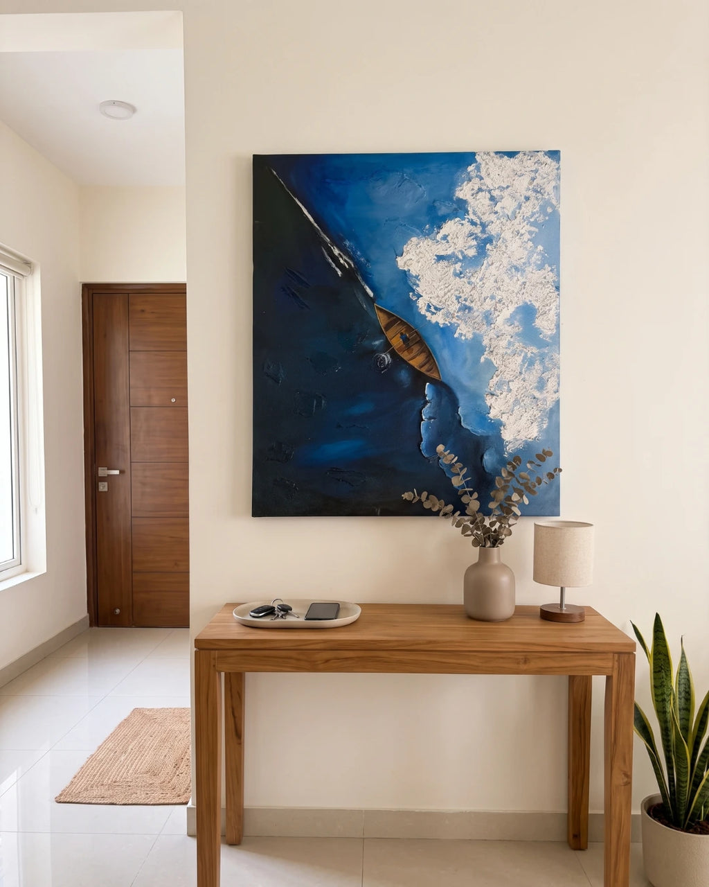 Kayak Portrait size chart showing portrait canvas dimensions against a bedroom wall