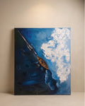 Aerial textured painting of a wooden kayak on deep blue ocean with raised white foam wave, handmade canvas wall art
