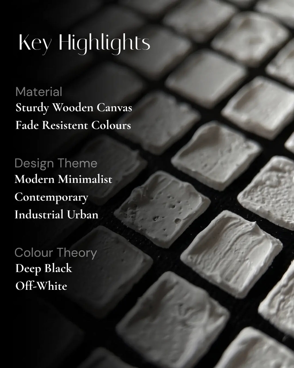 A close-up promotional graphic for a textured canvas wall art print. White text on a dark background lists key highlights including material (sturdy wooden canvas), fade resistant colors, design theme (modern minimalist, contemporary industrial urban), and color theory (deep black, off-white).