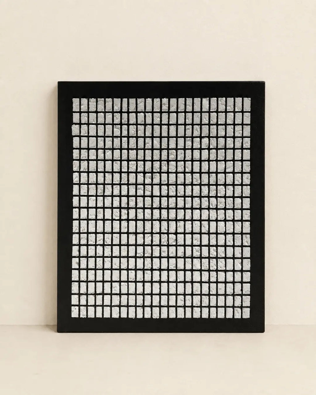 Black and white mosaic textured wall art 26x31 inches with hundreds of hand-pressed pale tiles on a dark ground, handmade canvas painting