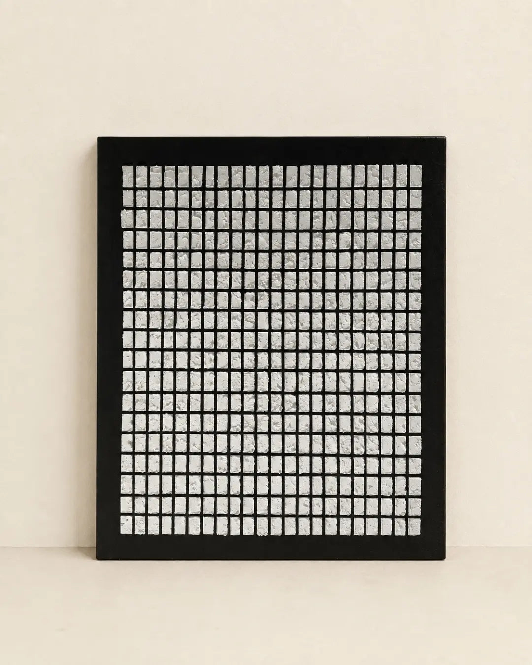 Black and white mosaic textured wall art 26x31 inches with hundreds of hand-pressed pale tiles on a dark ground, handmade canvas painting