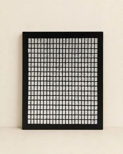 Black and white mosaic textured wall art 26x31 inches with hundreds of hand-pressed pale tiles on a dark ground, handmade canvas painting