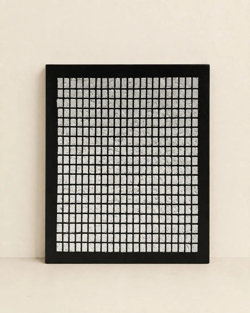 Black and white mosaic textured wall art 26x31 inches with hundreds of hand-pressed pale tiles on a dark ground, handmade canvas painting