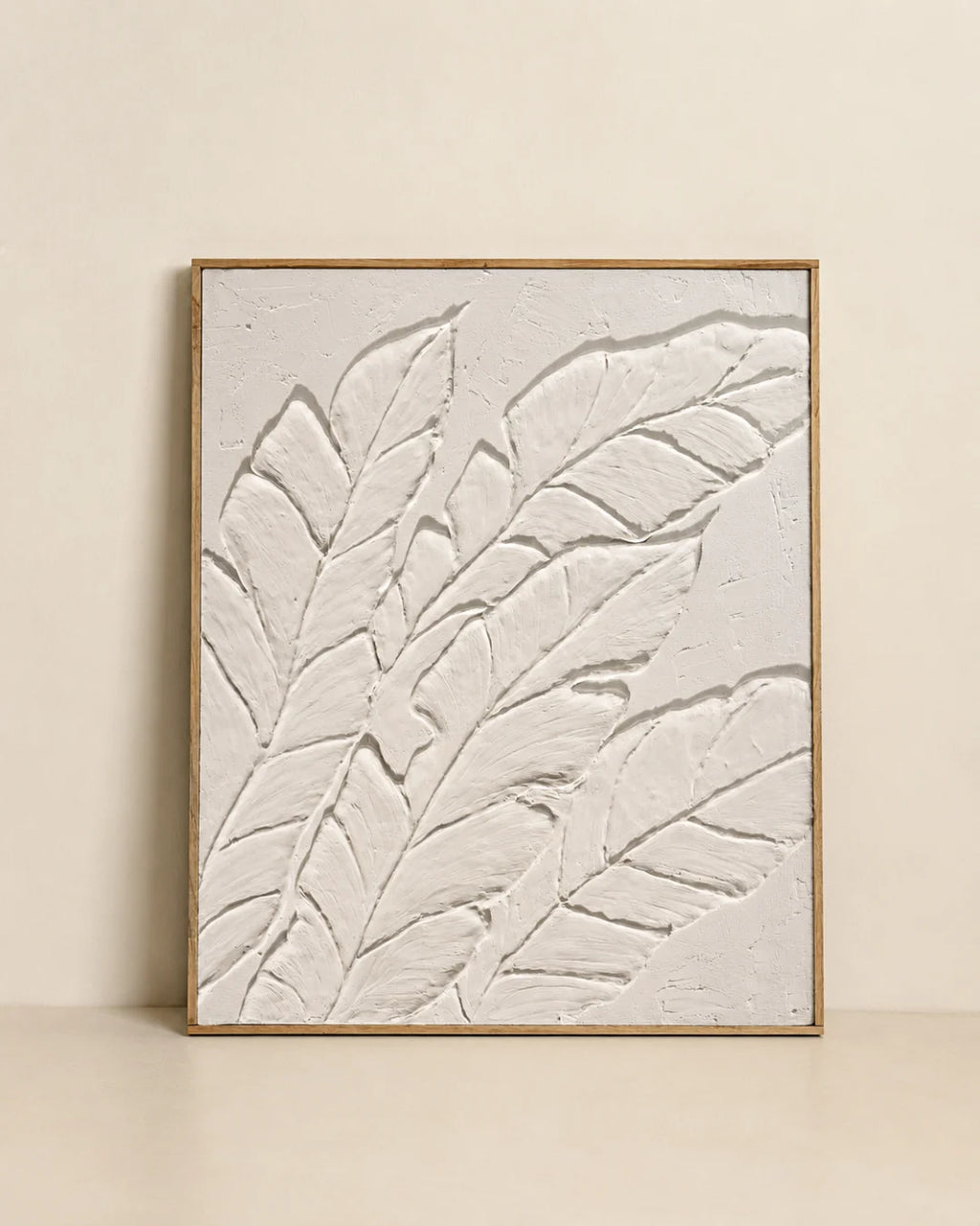 White palm leaf textured wall art 27x32 inches with raised plaster fronds filling the canvas, handmade painting