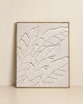 White palm leaf textured wall art 27x32 inches with raised plaster fronds filling the canvas, handmade painting