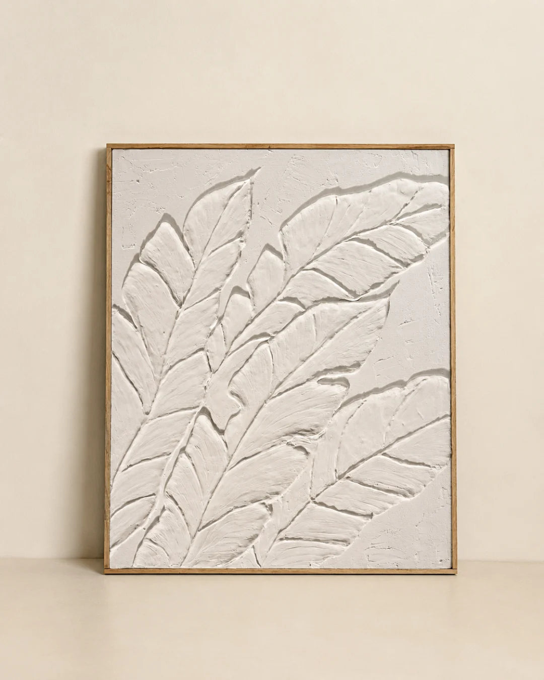 White palm leaf textured wall art 27x32 inches with raised plaster fronds filling the canvas, handmade painting