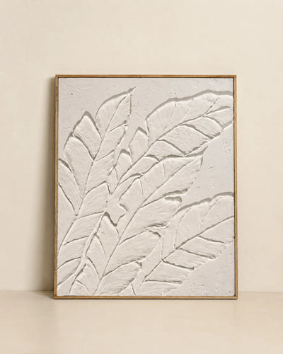 White palm leaf textured wall art 27x32 inches with raised plaster fronds filling the canvas, handmade painting