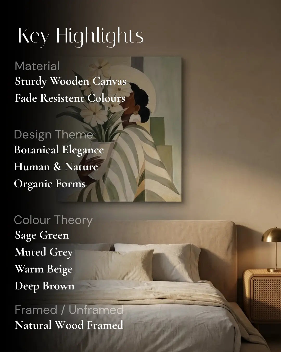 Petals & Her painting of a woman holding cream flowers hanging above a bed