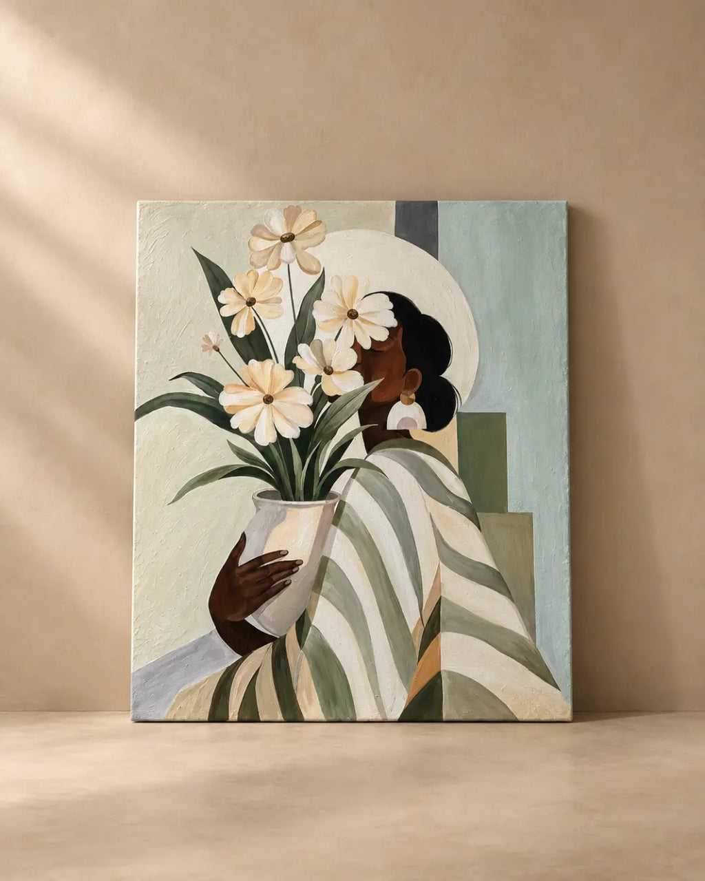 Petals & Her painting of a woman in profile holding a vase of cream flowers on plain background