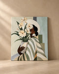 Petals & Her painting of a woman in profile holding a vase of cream flowers on plain background
