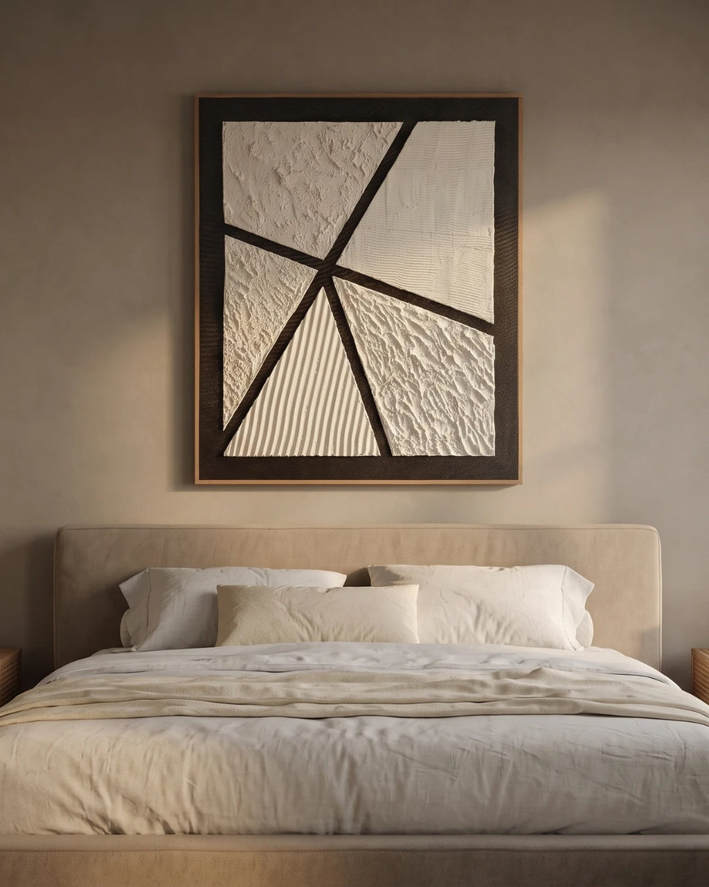 Prism cream geometric textured painting hanging above a bed in a modern Indian bed room