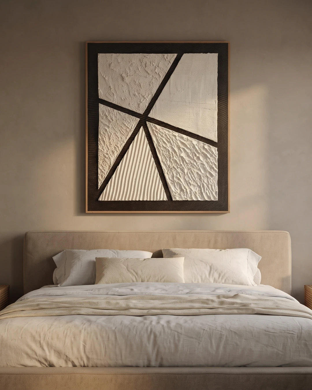 Prism cream geometric textured painting hanging above a bed in a modern Indian bed room