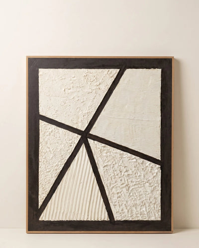 Cream geometric textured wall art with four hand-built texture sections divided by dark charcoal lines, handmade canvas painting