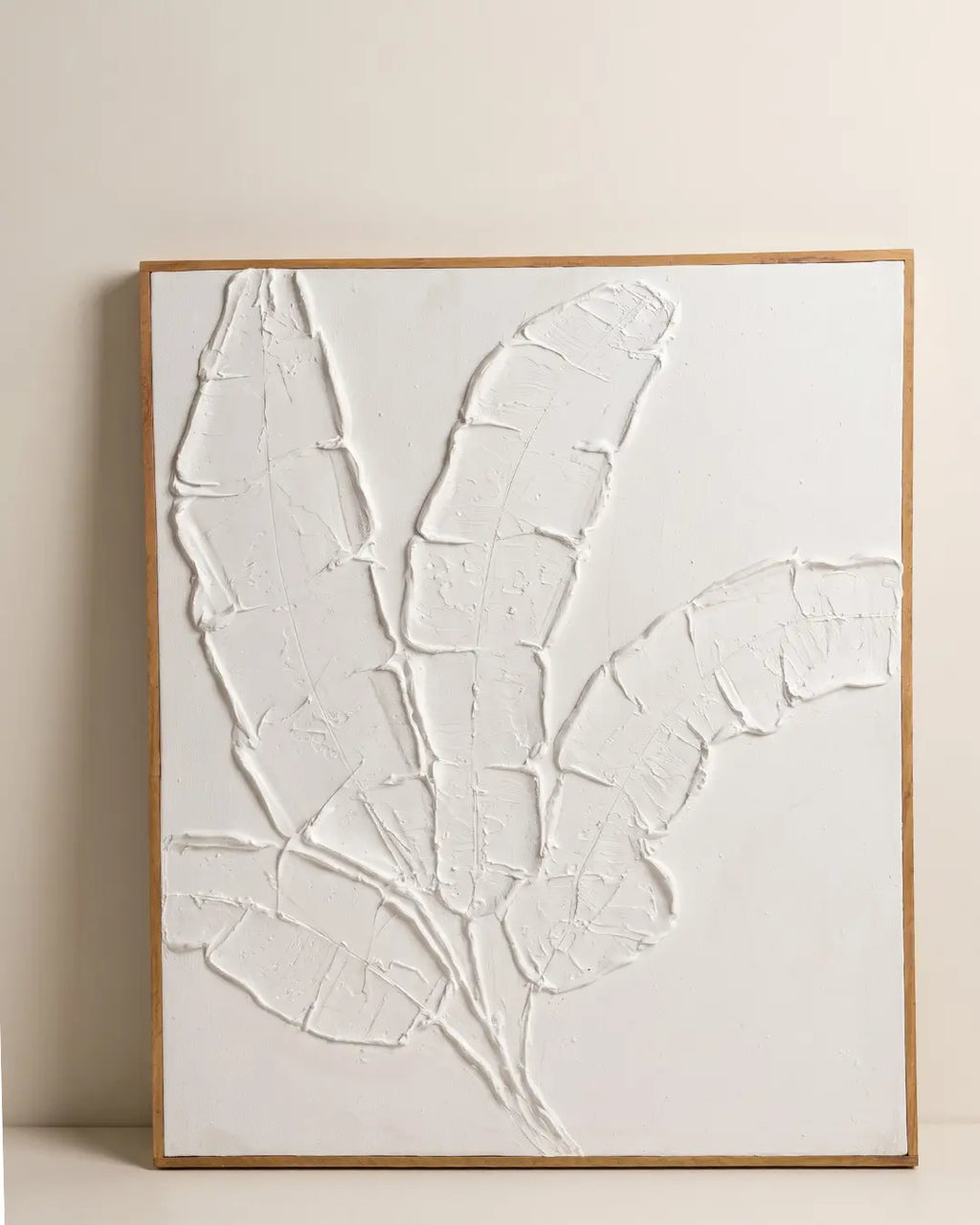 White banana leaf textured wall art 27x32 inches with raised plaster leaves sculpted on canvas, handmade painting