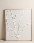 White banana leaf textured wall art 27x32 inches with raised plaster leaves sculpted on canvas, handmade painting