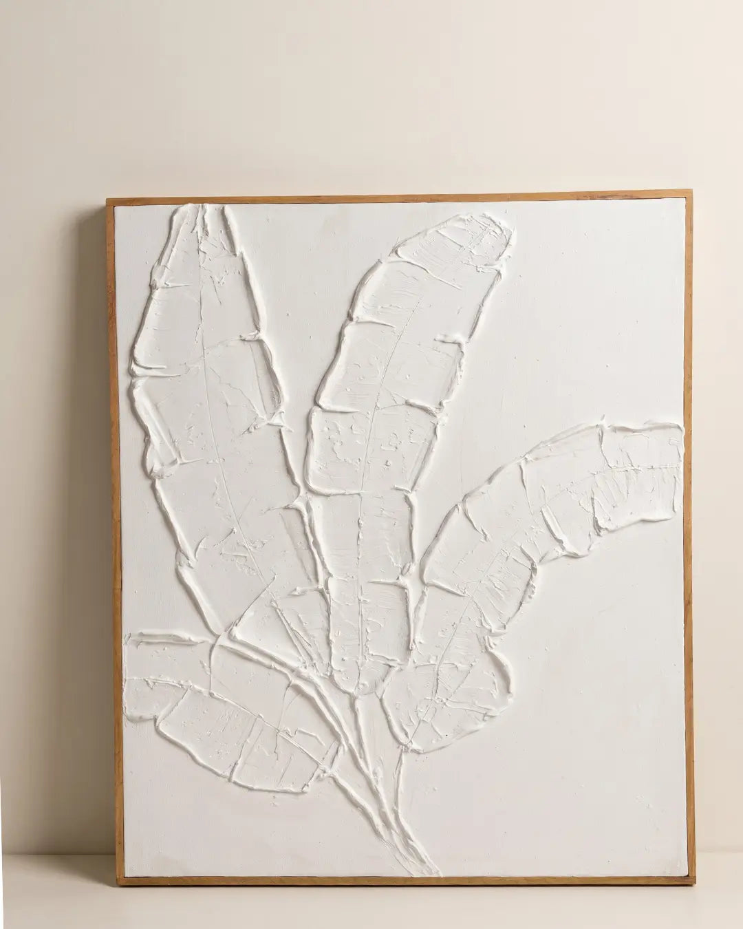 White banana leaf textured wall art 27x32 inches with raised plaster leaves sculpted on canvas, handmade painting