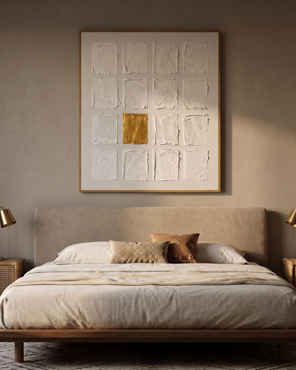 wall	Rare white and gold textured painting hanging above a bed in a modern Indian  bedroom