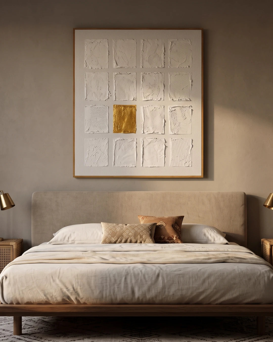 wall	Rare white and gold textured painting hanging above a bed in a modern Indian  bedroom