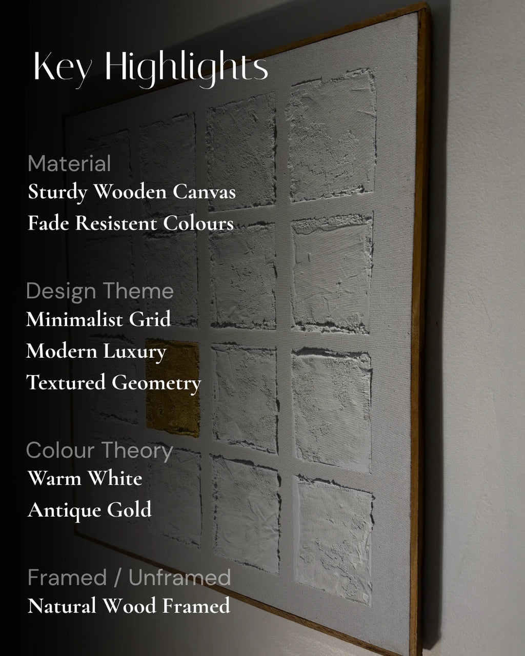 A framed wall art print or canvas with a minimalist grid design, shown at an angle against a light wall. Large overlaid text reads 'Key Highlights' with bullet points about material, design theme, color theory, and framed/unframed options.