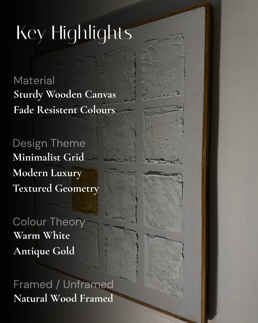 A framed wall art print or canvas with a minimalist grid design, shown at an angle against a light wall. Large overlaid text reads 'Key Highlights' with bullet points about material, design theme, color theory, and framed/unframed options.