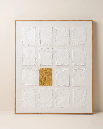 White textured wall art 27x32 inches with sixteen hand-built tiles in a grid and one gold leaf square, handmade canvas painting