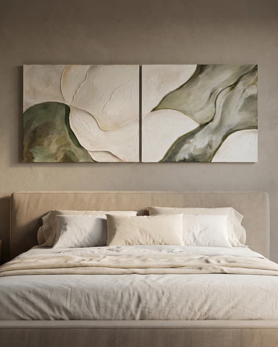 Riverbed diptych sage green textured painting hanging above a bed in a modern bedroom