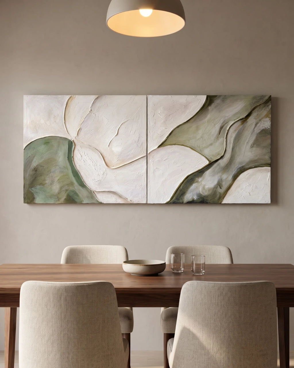 Riverbed two-panel textured wall art hanging in a dining room above a wooden table