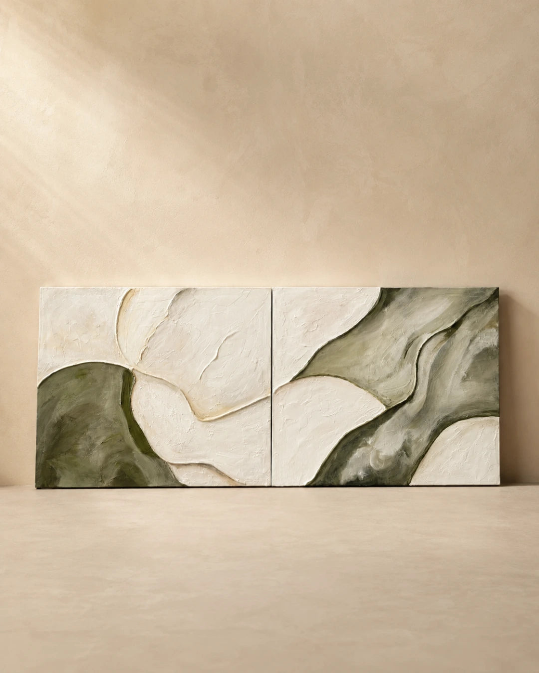 Sage green and ivory two-panel textured wall art diptych on plain background, handmade canvas painting