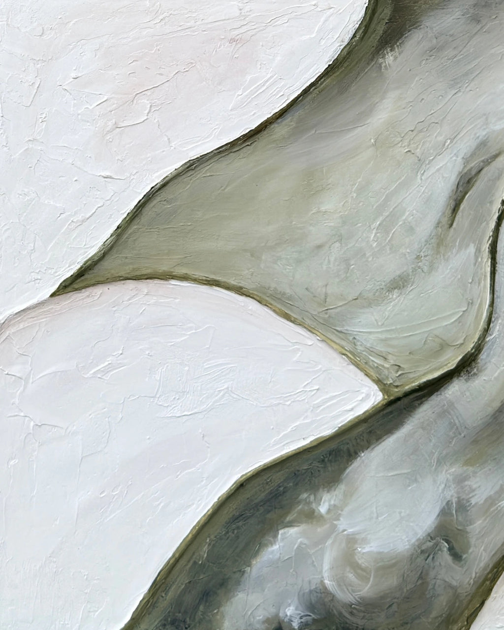 Close-up of sage green and white carved texture on Riverbed canvas showing hand-built raised surface