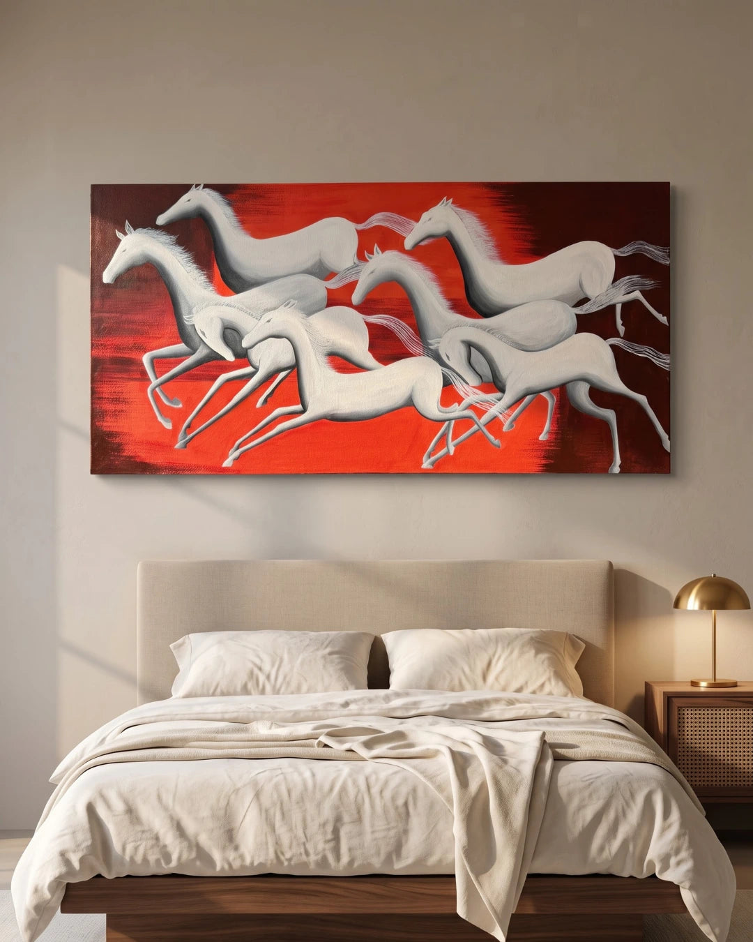 Seven Horses red and white textured wall art hanging above a bed in a modern bedroom