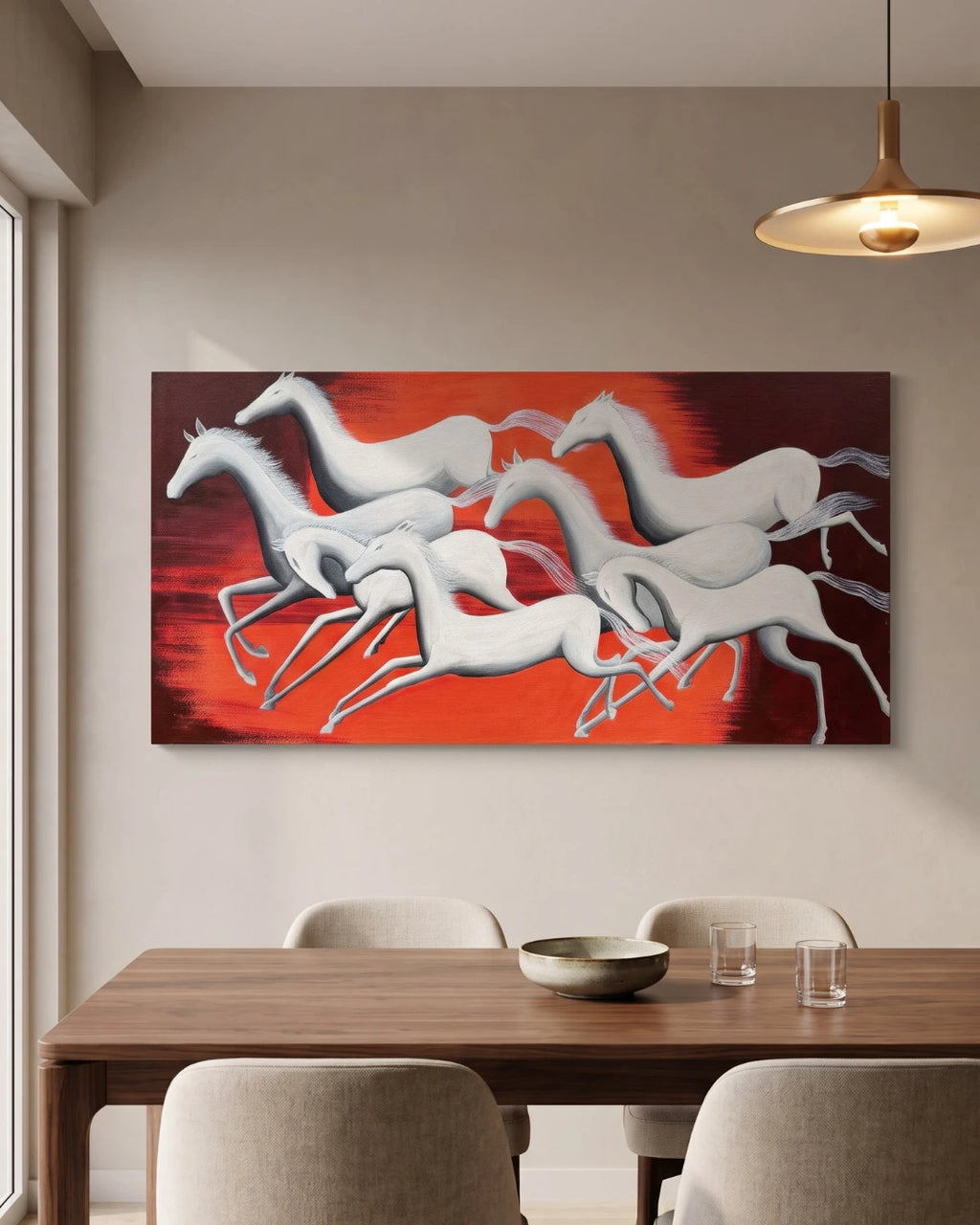 Seven Horses textured painting hanging in a dining room above a wooden table