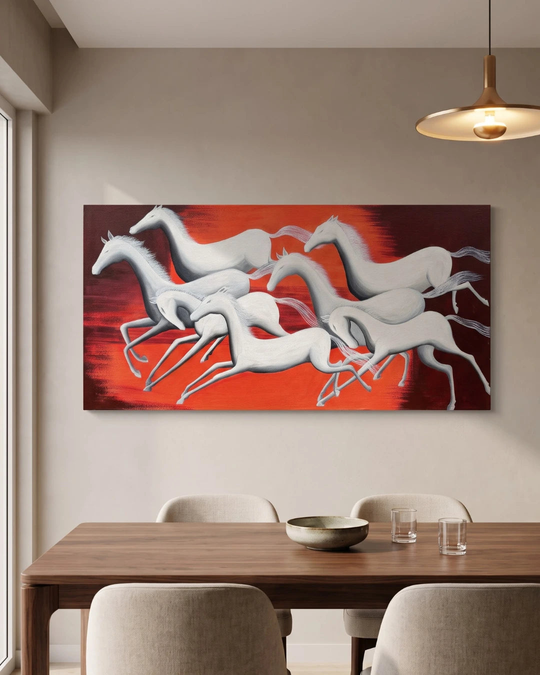 Seven Horses textured painting hanging in a dining room above a wooden table