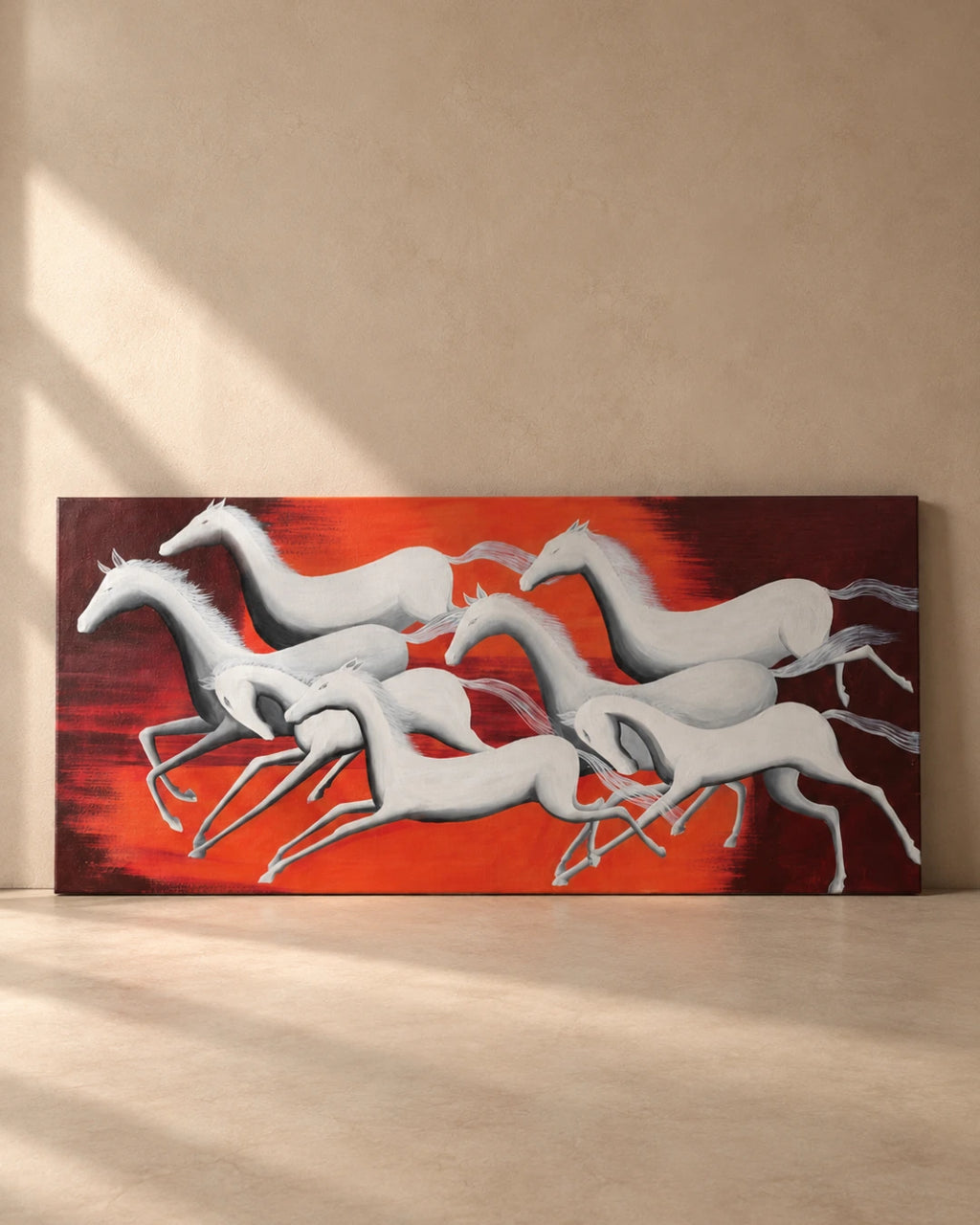 Seven running horses textured wall art on red gradient background, handmade canvas painting