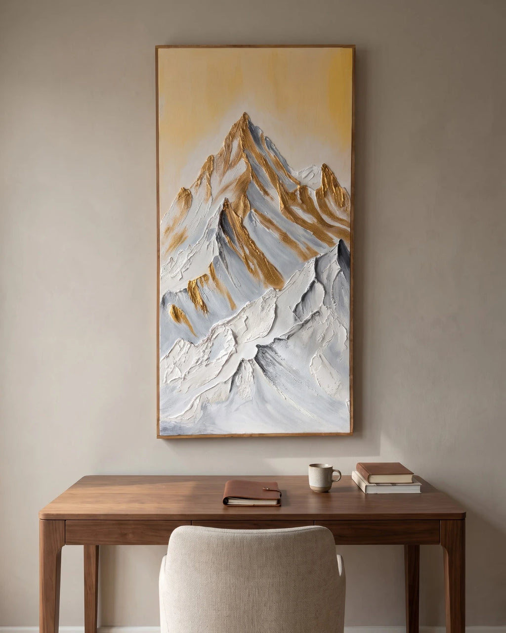 Summit Gold mountain textured painting hanging above a console table in a modern home