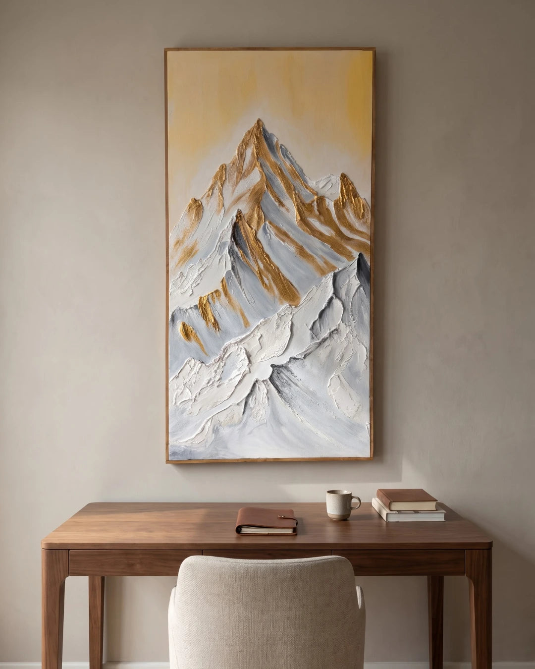Summit Gold mountain textured painting hanging above a console table in a modern home