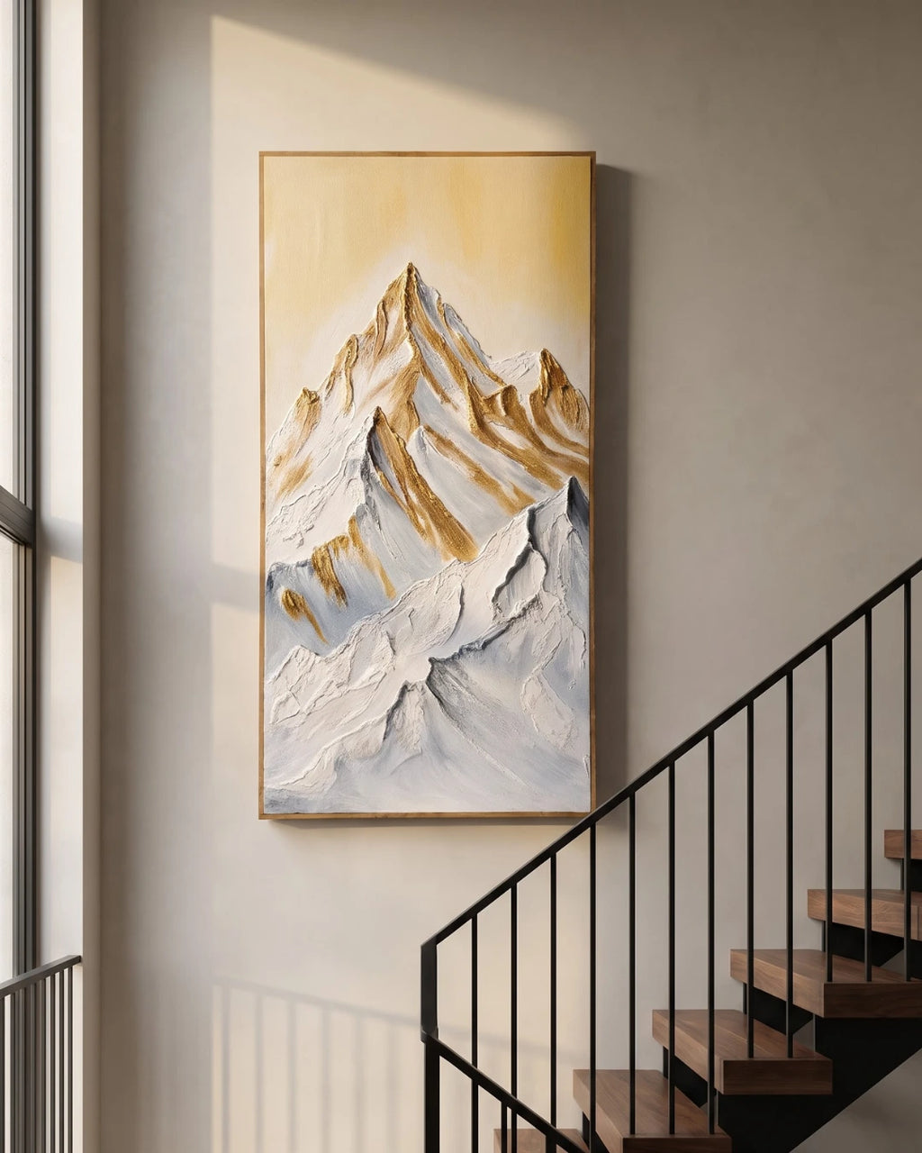 Summit Gold textured mountain painting hanging on a stairwell wall in a modern Indian home