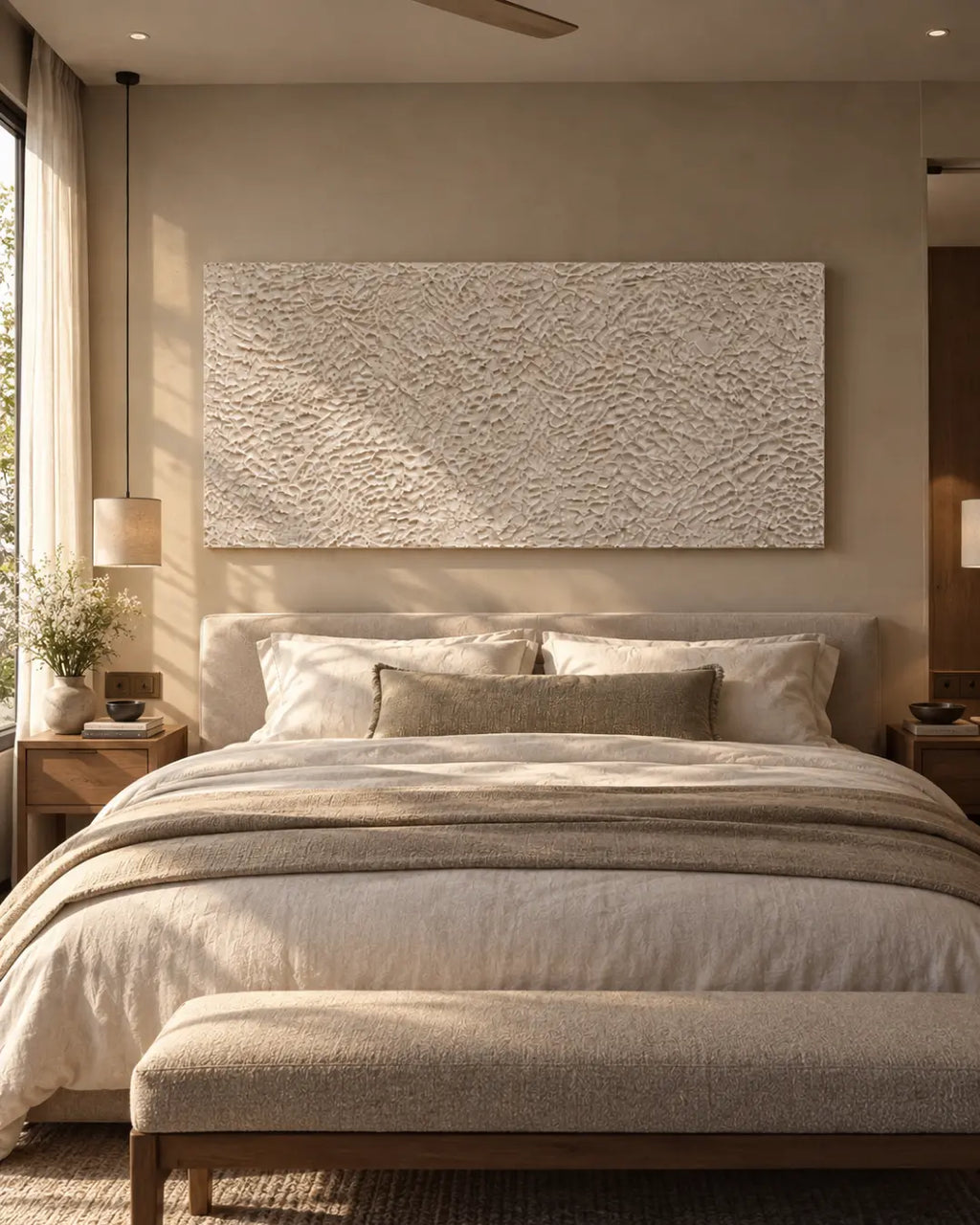The White Relief ivory textured painting hanging above a bed in a modern bedroom