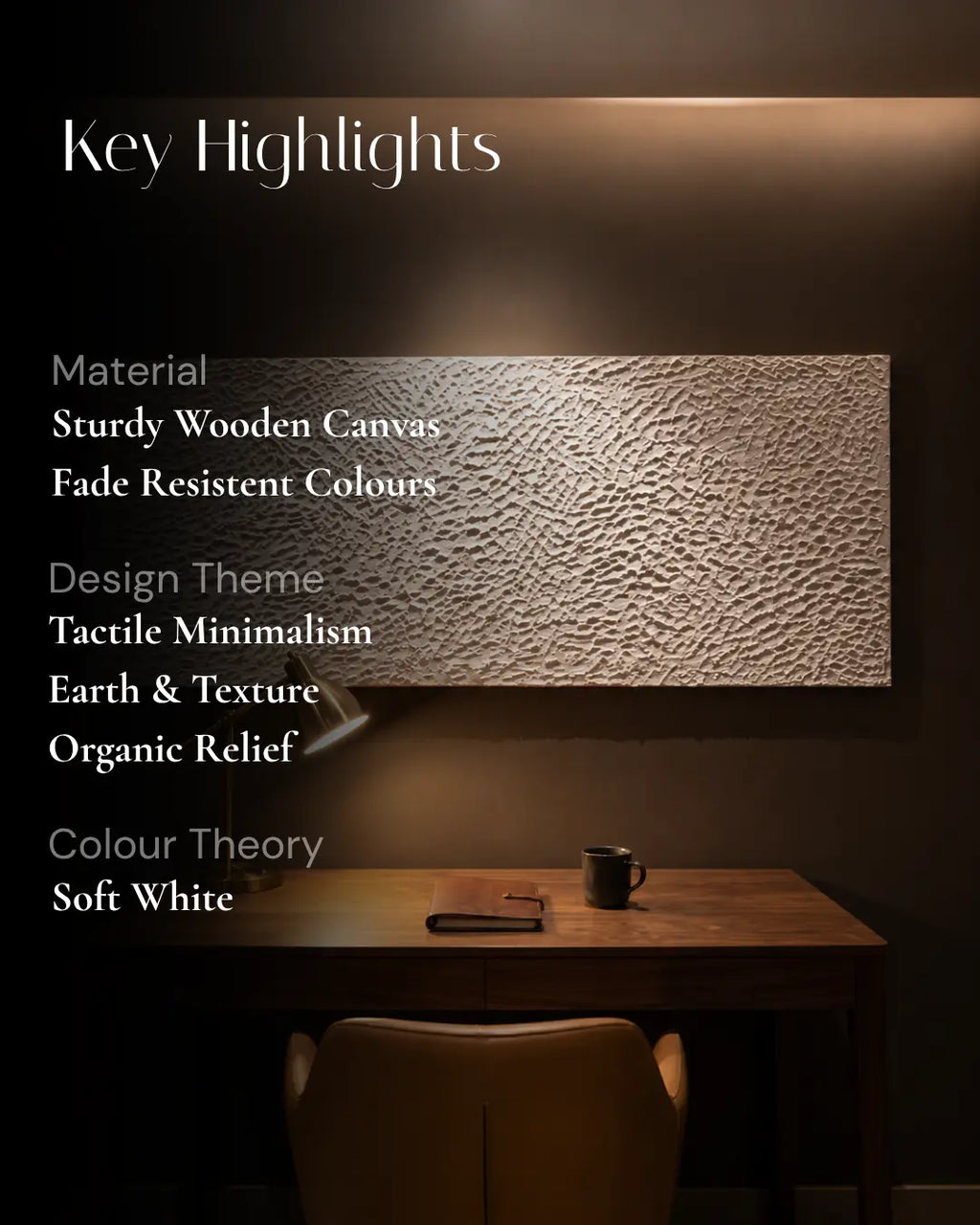 The White Relief textured wall art hanging in a warm home office