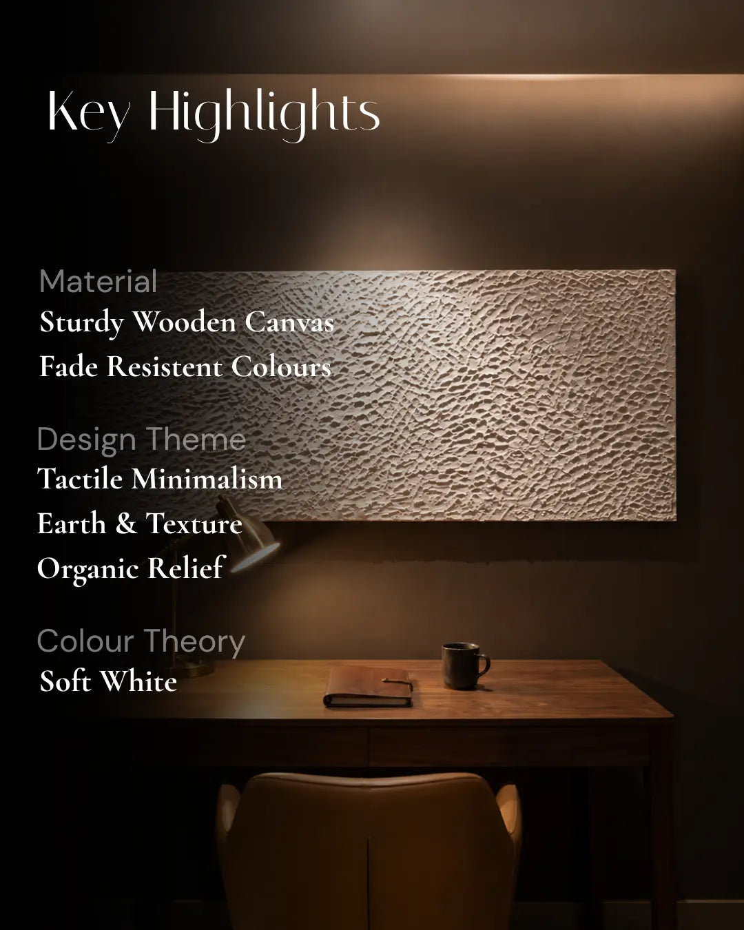 The White Relief textured wall art hanging in a warm home office